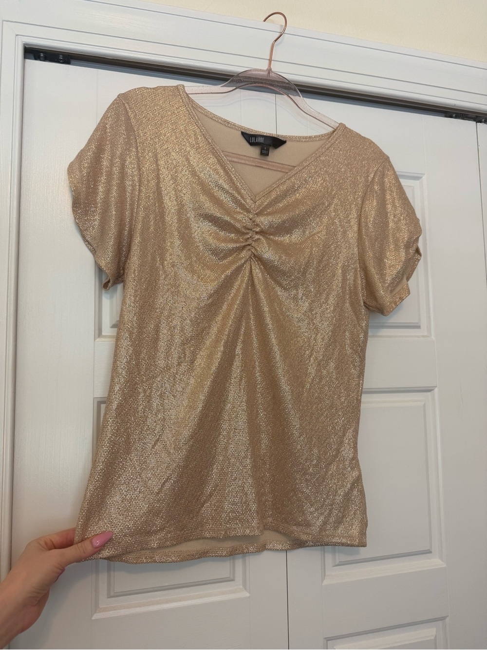 LuLaRoe Gold Shimmer V-Neck Short Sleeve Top